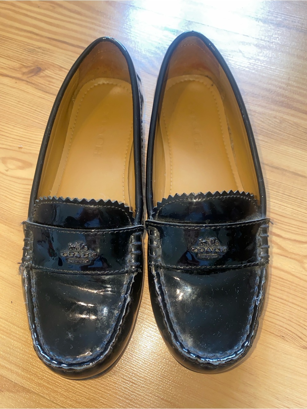 Coach Black Patent Leather Penny Loafers with Logo Plaque